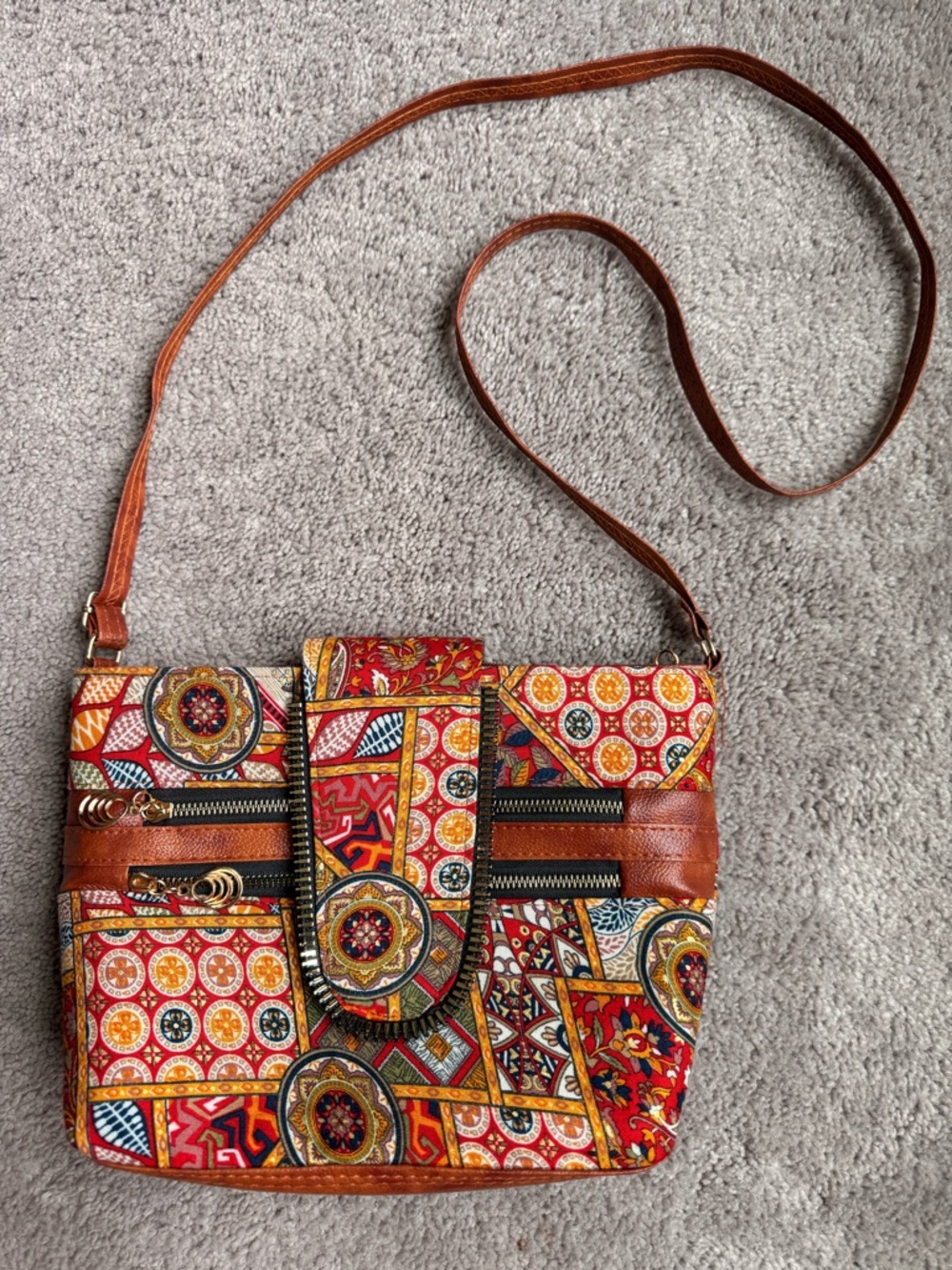 Handmade Boho Patchwork Red Crossbody Bag with Brown Trim